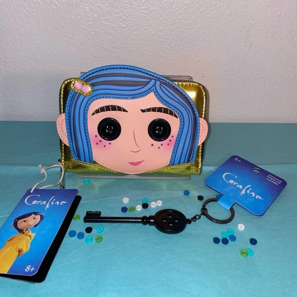 Loungefly Coraline Cosplay Coraline Doll Metallic Wallet & Button Key Keychain